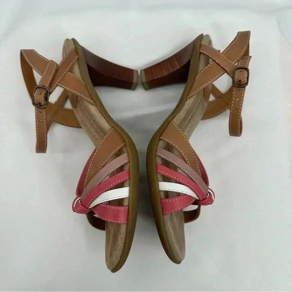Aerosoles Womens Leather Sandals 6B Tan Pink White 3" Heel Strappy Adjustable - Picture 7 of 9